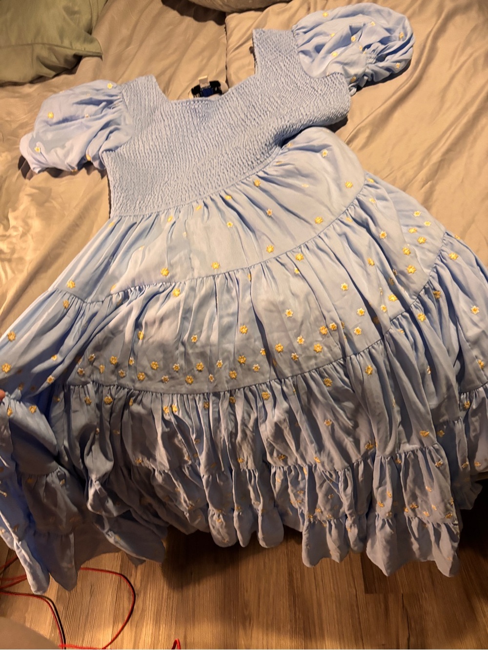 JessaKae Light Blue Puff-Sleeve Smocked Dress with Yellow Floral Embroidery